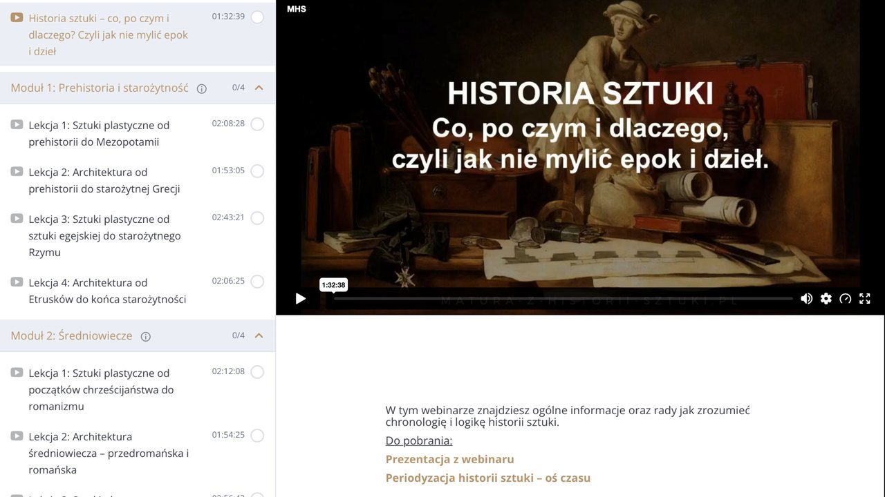 Panel kursanta kursu Historia sztuki w pigułce – lista modułów i lekcji wideo z czasem trwania, odtwarzacz i materiały do pobrania